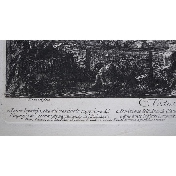 Détails de la gravure de Piranèse : l'adresse et le prix